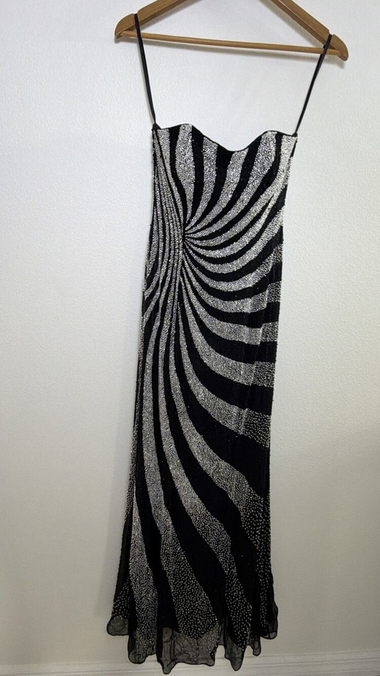 Vintage y2k Alyce Designs Beaded Spiral Formal Prom Dress 2 Black White Silk